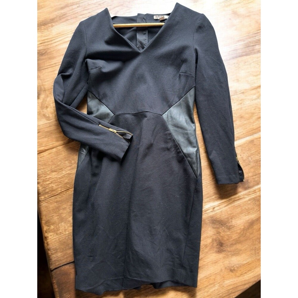 Banana Republic SHEATH DRESS Women 4 Black Faux Leather  V NECK OFFICE SIREN